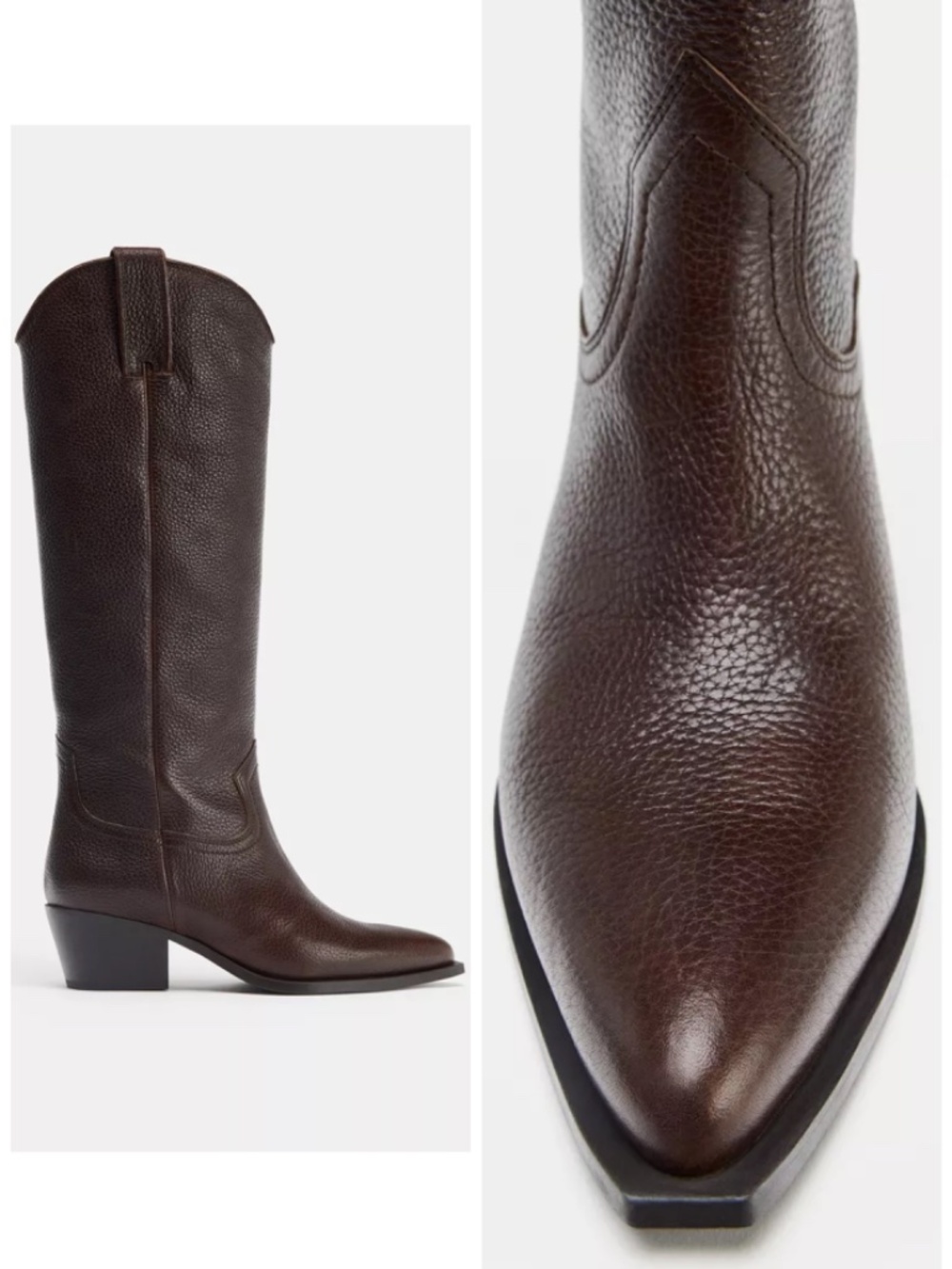 Zara Leather Hight Boots Textured Brown Mid Heel Pointed Toe Pull On Size: 6 1/2 - Picture 4 of 16